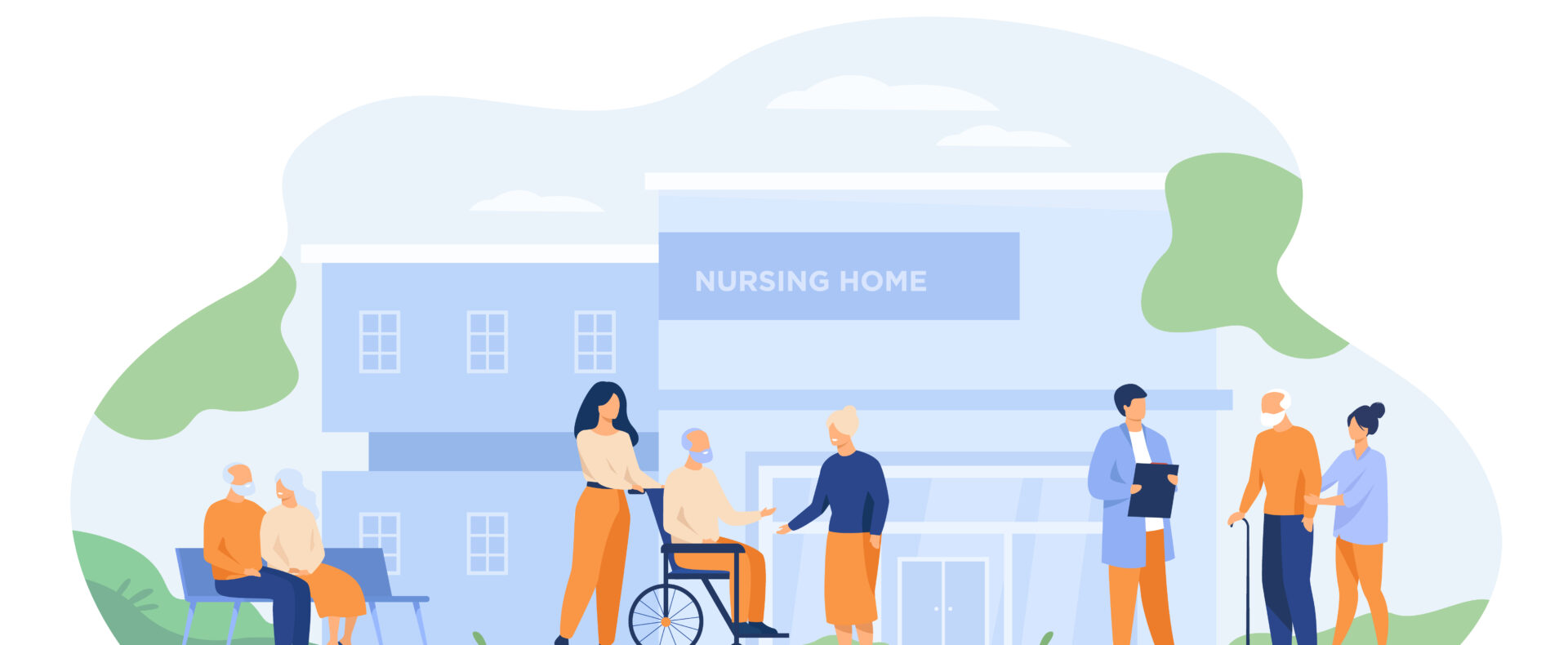 Nursing home residents. Old people walking outside with caregivers and visitors. Vector illustration for elderly care, age, retirement, hospice concept
